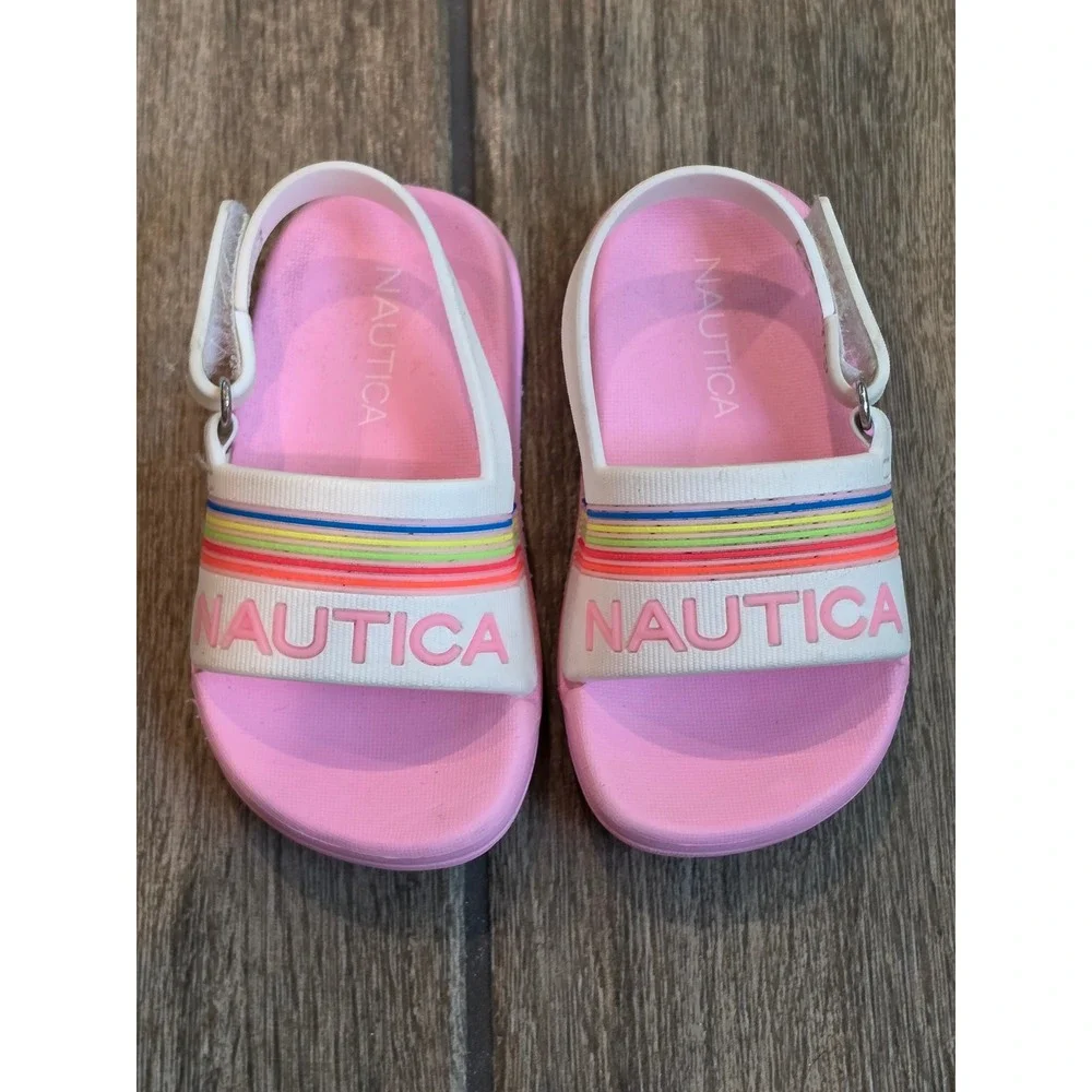 Nautica Tiny Gaff Toddler Girls Pink Rainbow Logo Slide Sandals Size 4 Backstrap